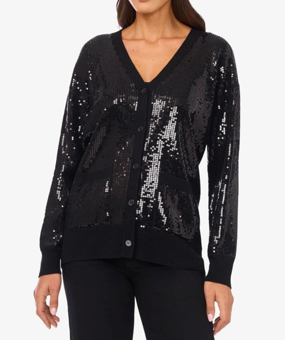 Vince Camuto Women's Sequined V-Neck Cardigan Sweater Black L